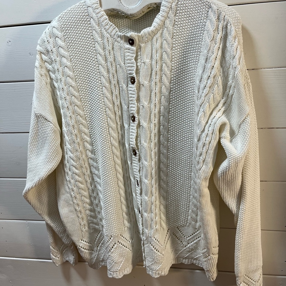 COTTON ROAD VINTAGE – White Cable Knit Cardigan – Oversized L - Picture 10 of 12